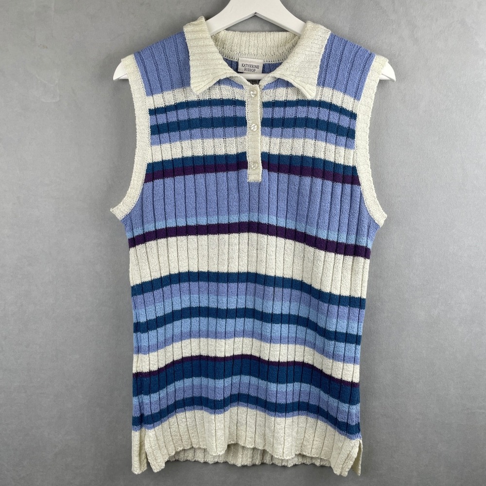 VTG Katherine Bishop XL Blue Stripe Rib Knit Sleeveless Preppy Polo Sweater Vest